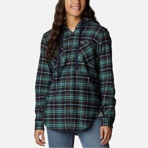 SzS Columbia Anytime Stretch Hooded Long Sleeve plaid flannel. Navy/coral VGUC